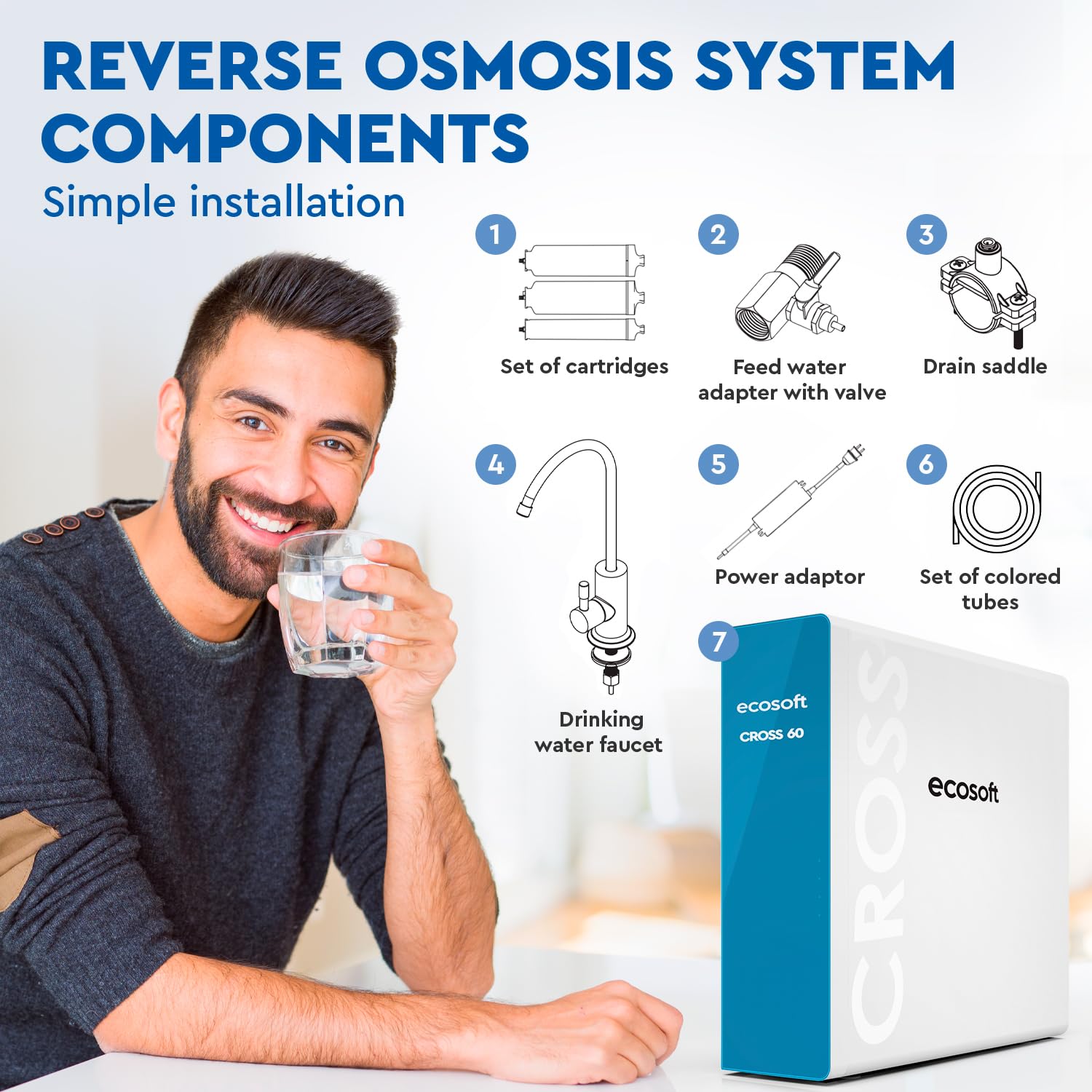 Ecosoft CROSS 60 - Filtro ad osmosi inversa, flusso diretto da 1 l/min, tecnologia ecologica a risparmio d'acqua, display intelligente, sostituzione delle cartucce fai da te
