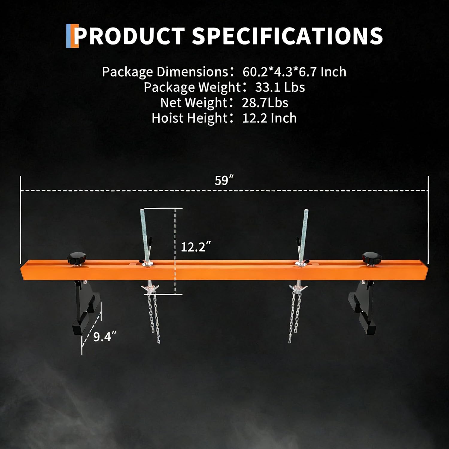 DEXSO Engine Support Bar 1100 Lbs Capacity Engine Transverse Bar Engine Hoist 2 Point Lift Holder Hoist Dual Hooks, Engine Hoist for Home Garages & Auto Repair Shop, Orange