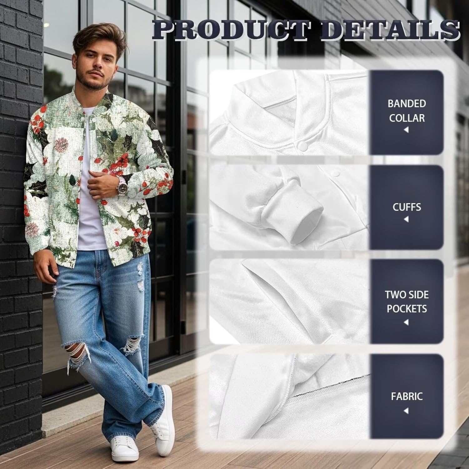 Mens Bomber Jacket Casual Graphic Slim Fit Jacket for Men Button Up Varsity Coat Long Sleeves Shirt