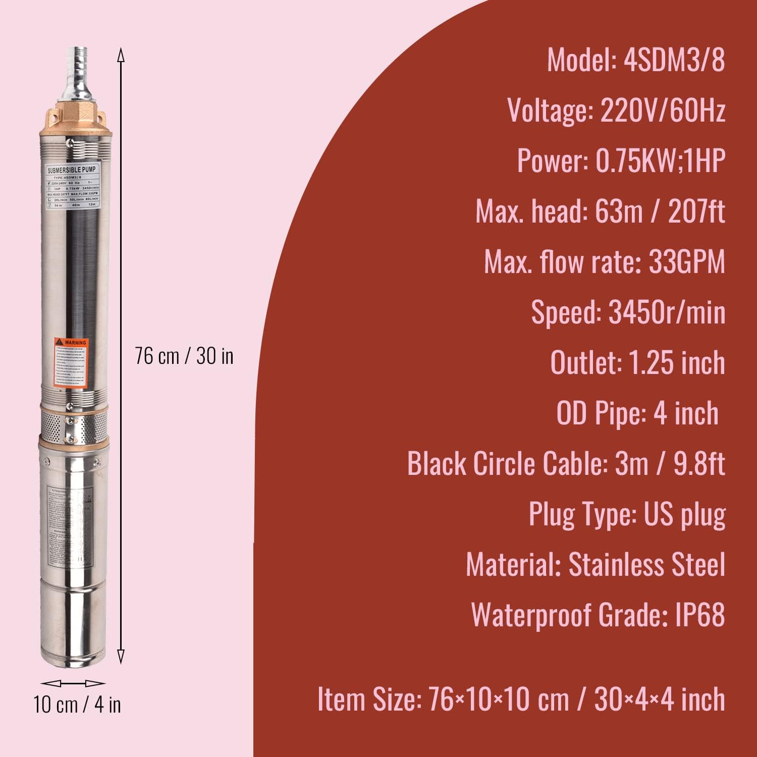 Buy Dawot Deep Well Submersible Pump 1HP 220V/60Hz 33gpm Flow 207ft Head Submersible Bore Pump