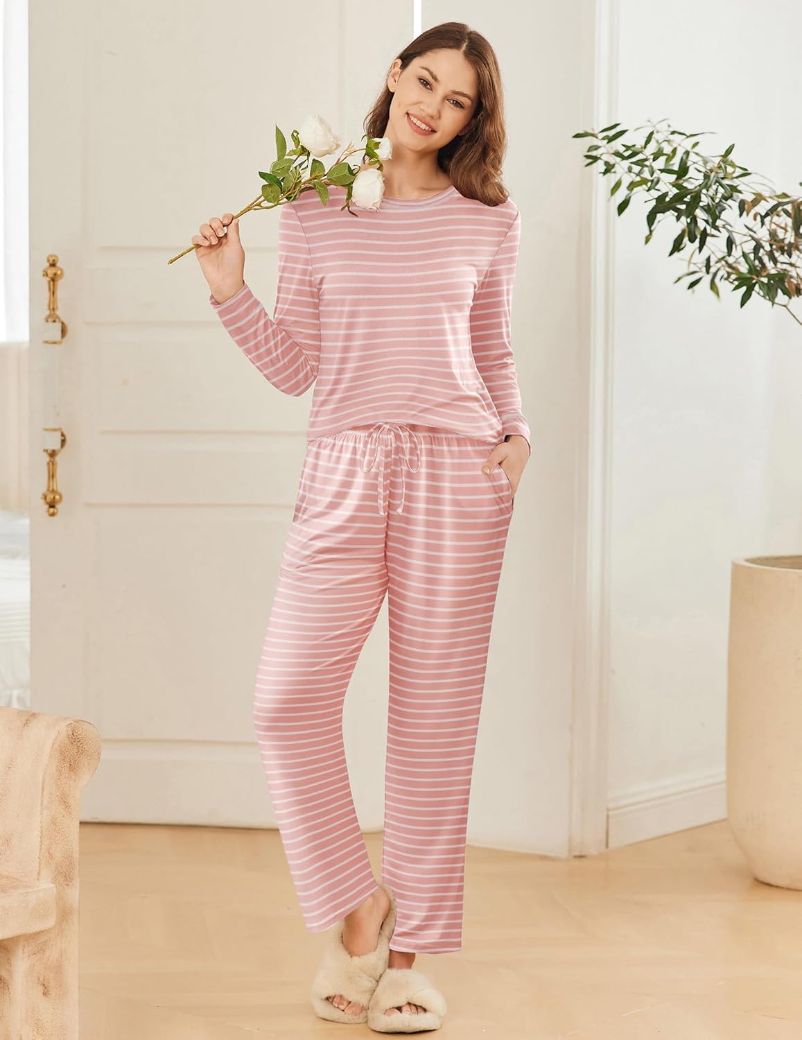 Ekouaer 2 Pack Women Pajama Long Sleeve Sleepwear Soft Loungewear Pjs Sets with Pockets S-XXL - Image 2