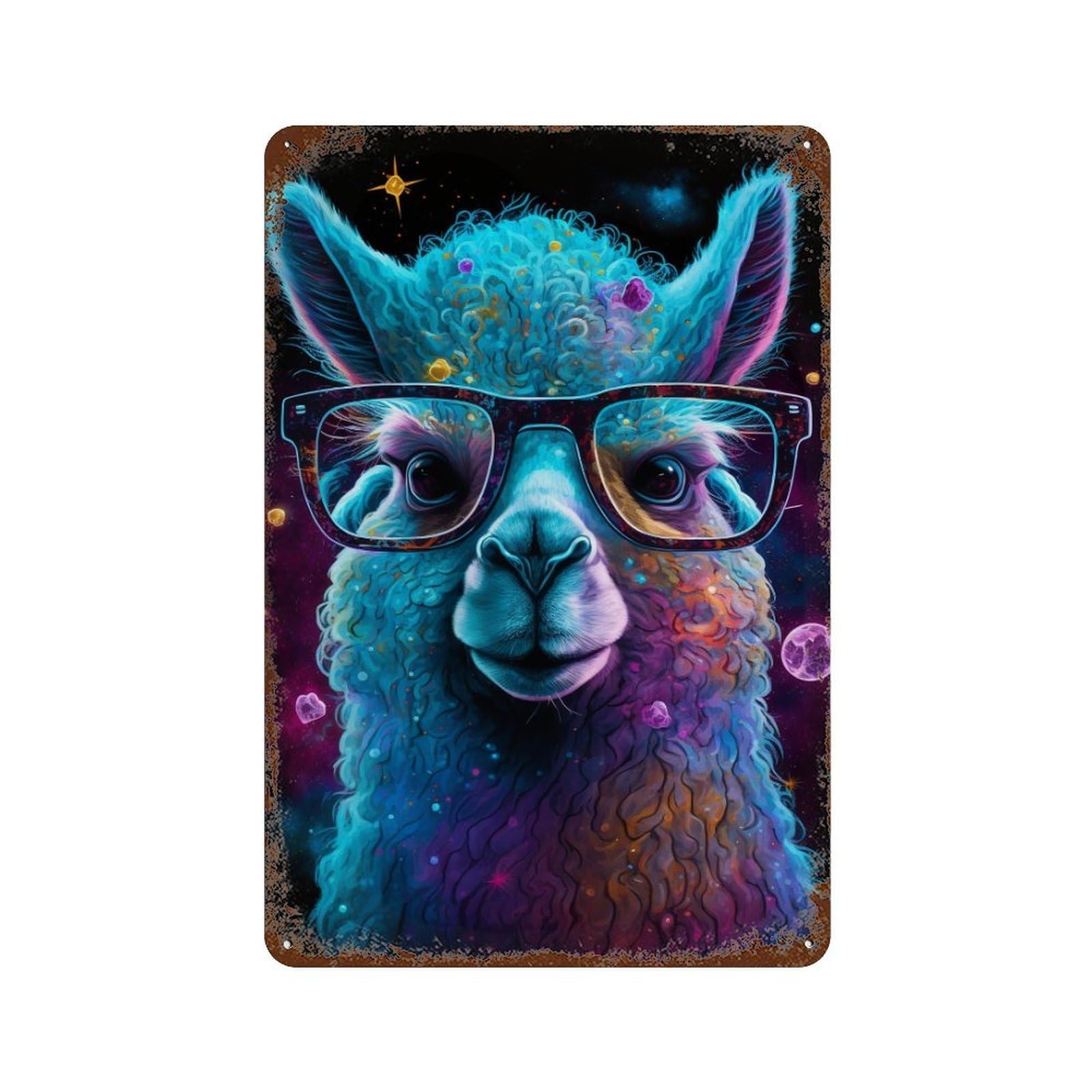 Cosmic Llama Glasses Art Print-2 11.8"x7.9" Decorative Tin Sign, Retro Wall Decor for Garage, Bar And Workshop Decor