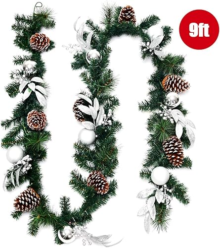 Miniatura 9 de Goplus Guirnalda de Navidad preiluminada de 9 pies, con 50 luces LED, temporizador, conos de pino, bolas plateadas y hojas, para decoración de