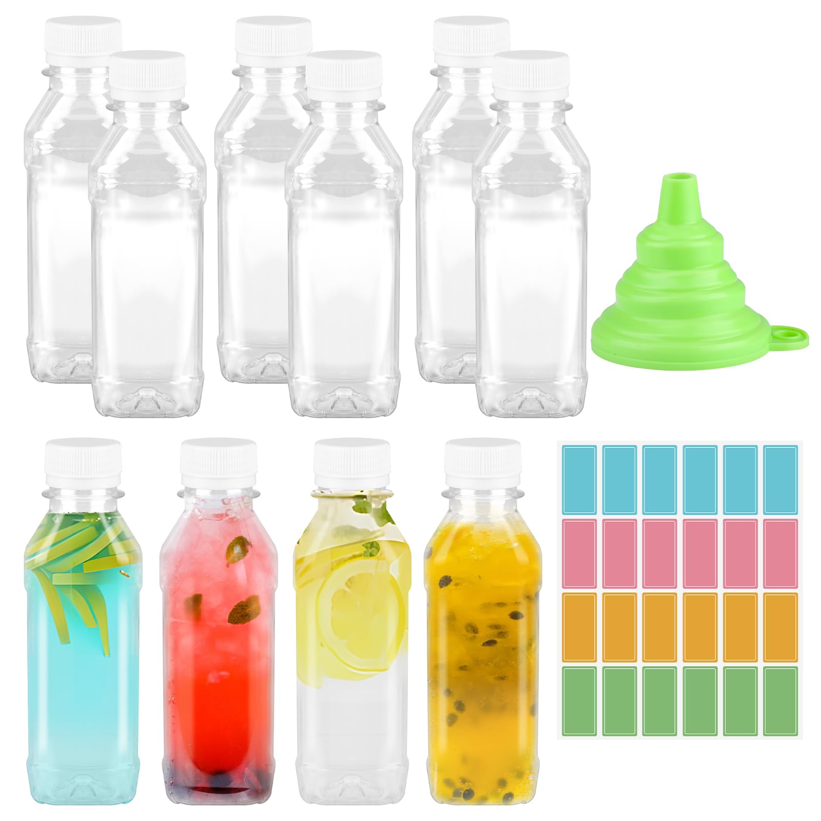Famcuche Clear 10 Pcs 230Ml Plastic Juice Bottles With Lids, Pet Square Shot Bottles, Labels And Funnel, Leak-Proof Small Reusable Containers For Smoothie, Beer, Milk