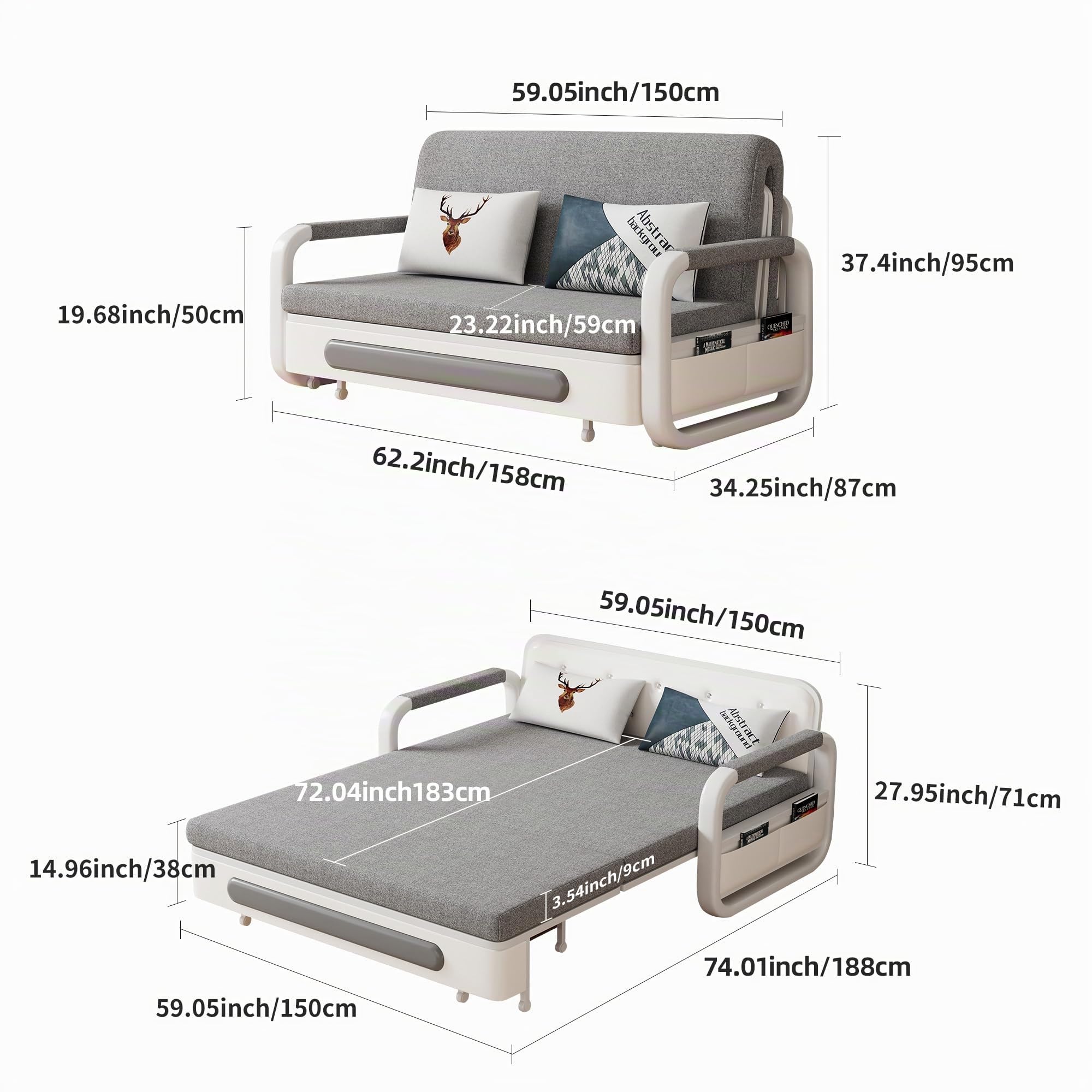Ausziehbares Schlafsofa mit Schlaffunktion für kleine Räume | Schlafcouch,Sofa Bed,mit Stauraum,Abnehmbares,Für Wohnzimmer,Dunkelgrau und Weiß,150cm