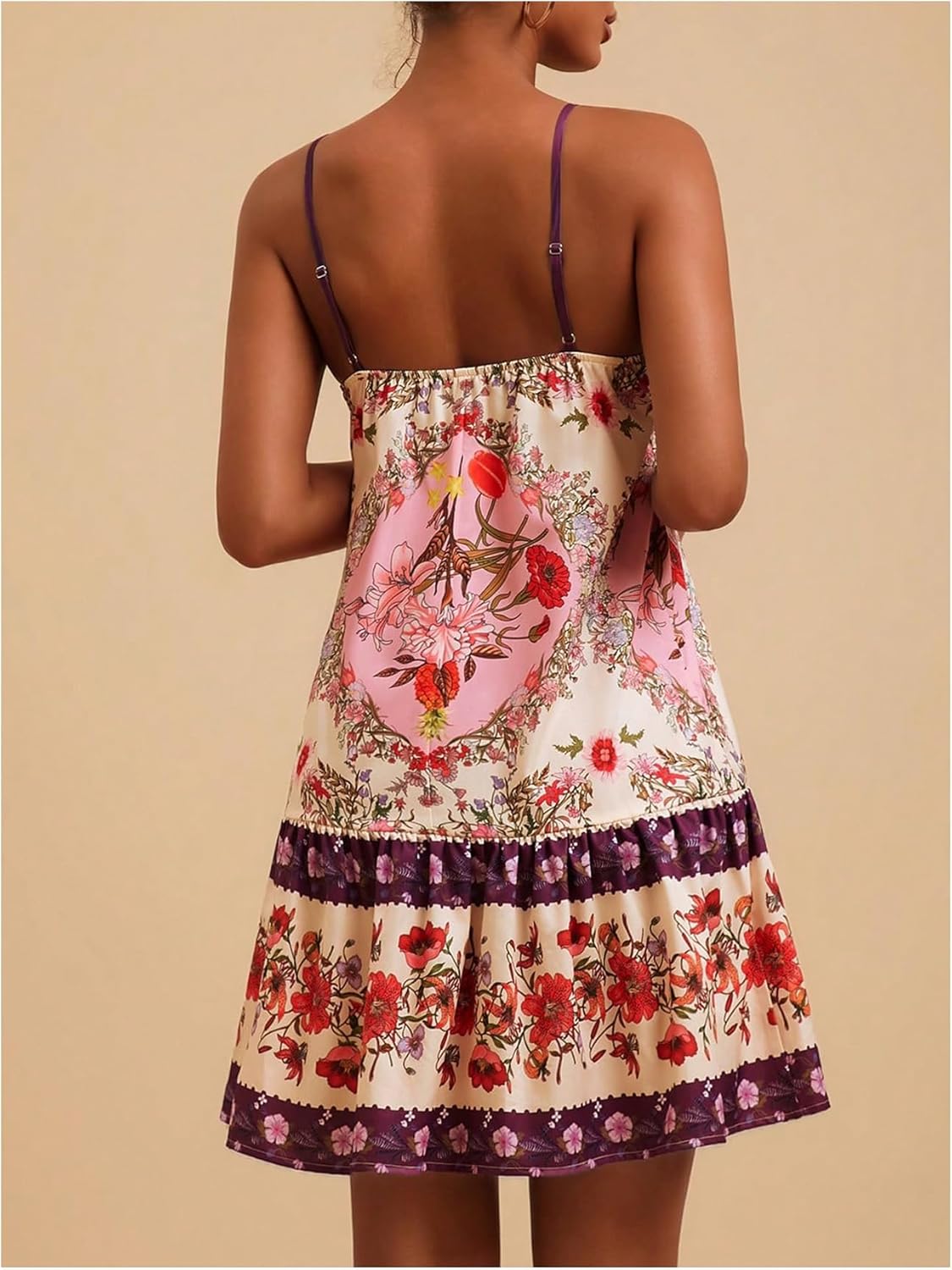 Women's Floral Boho Flowy Mini Cami Dress Ruffle Hem Spaghetti Strap Vacation Tank Dresses - Image 3