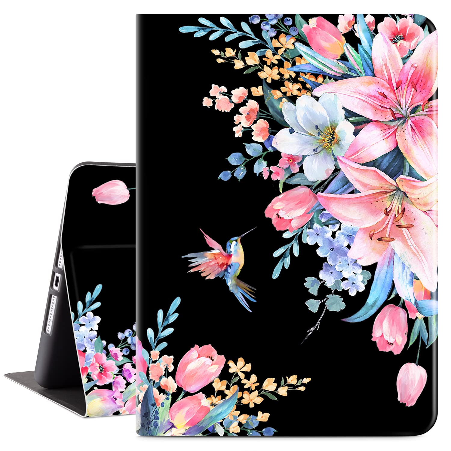 ipad 9th Generation Case 8th/7th Generation Cover, Vimorco Premium Leather Case for Apple ipad 10.2 2021/2020/2019,Auto Wake/Sleep with Adjustable Stand, Hummingbirds & Flowers