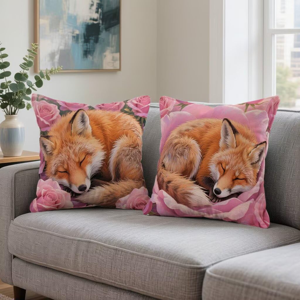 Kissenbezug 65 x 65 2er Set Sofakissen Orange Farbe Kopfkissenbezug 65x65 cm Dekokissen Fuchs Outdoor Pillow Leinen Doppelseitiger HD-Druck, Terrassen Deko Wohnzimmer, Frühling und Sommer 6-I966GY