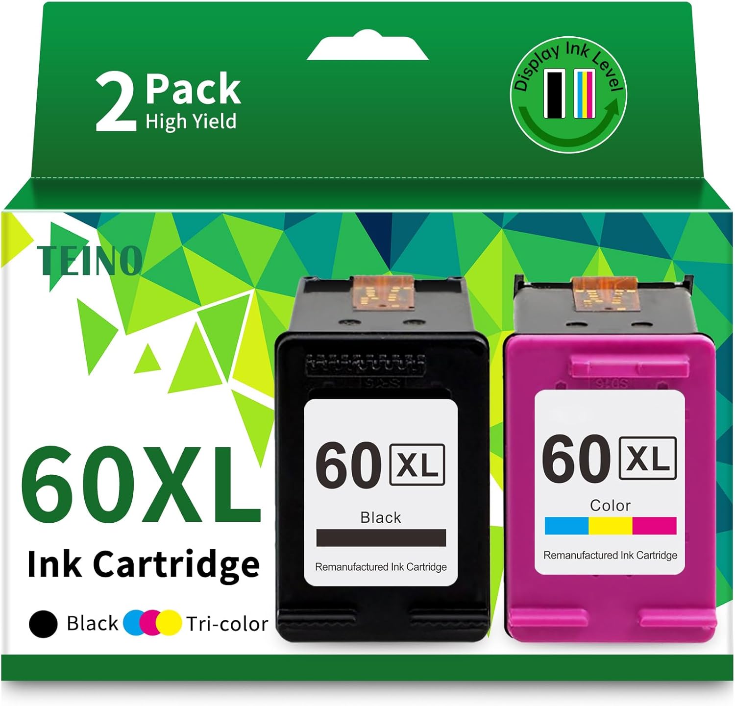 teino remanufactured ink cartridge replacement for hp 60 xl 60xl for photosmart c4780 c4795 c4680 c4650 d110 d110a deskjet f4480 f4280 f4580 d2530 d2545 envy 100 printer (black, tri-color, 2-pack)