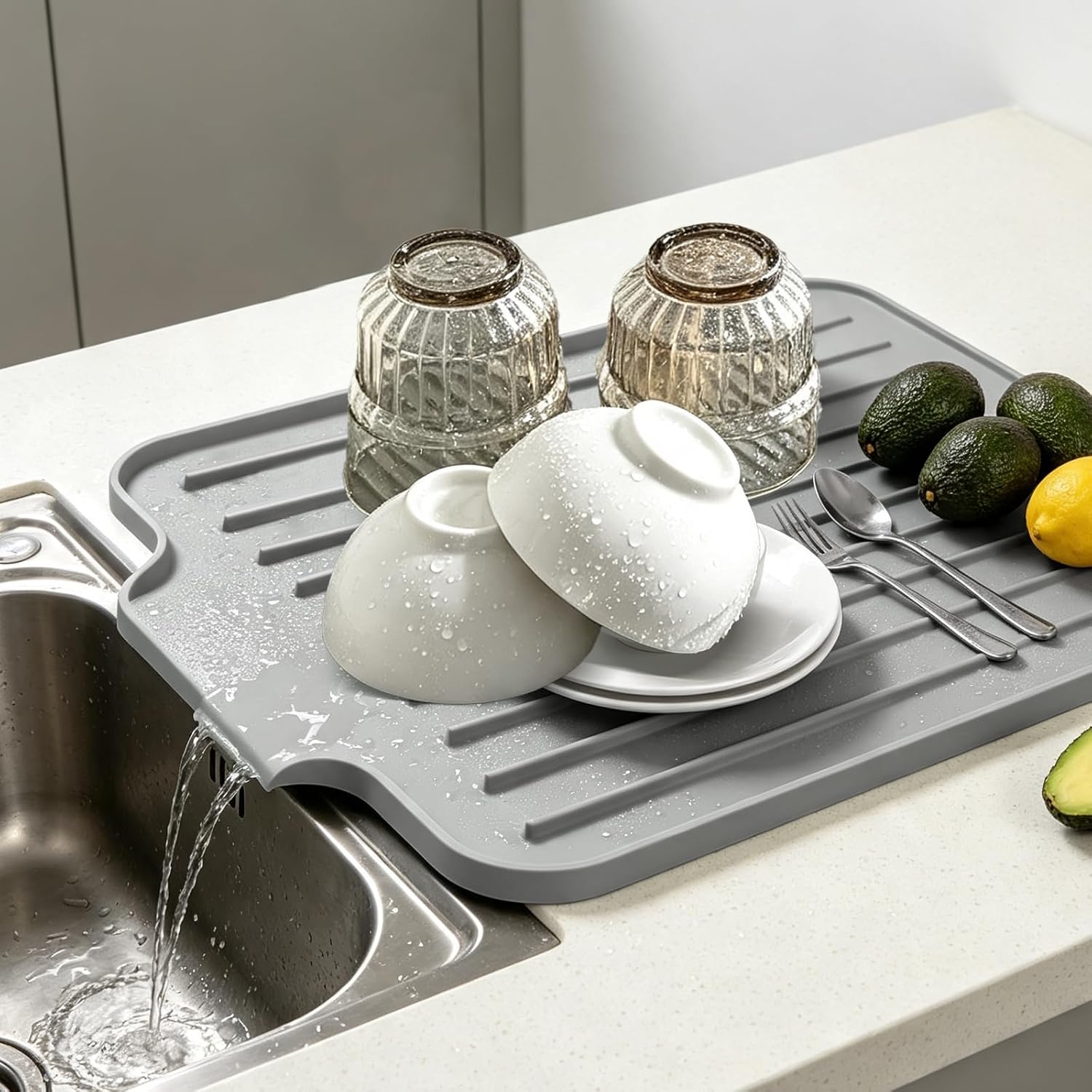 Silicone Dish Drying Mat with Drain Spout, Kitchen Countertop Mat
