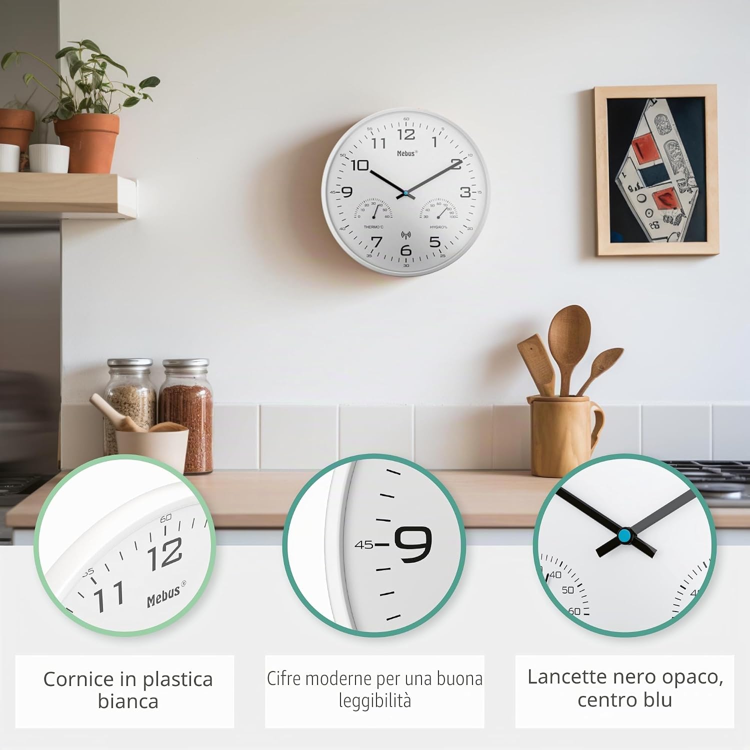 Mebus wall clock in a kitchen setting, highlighting design details