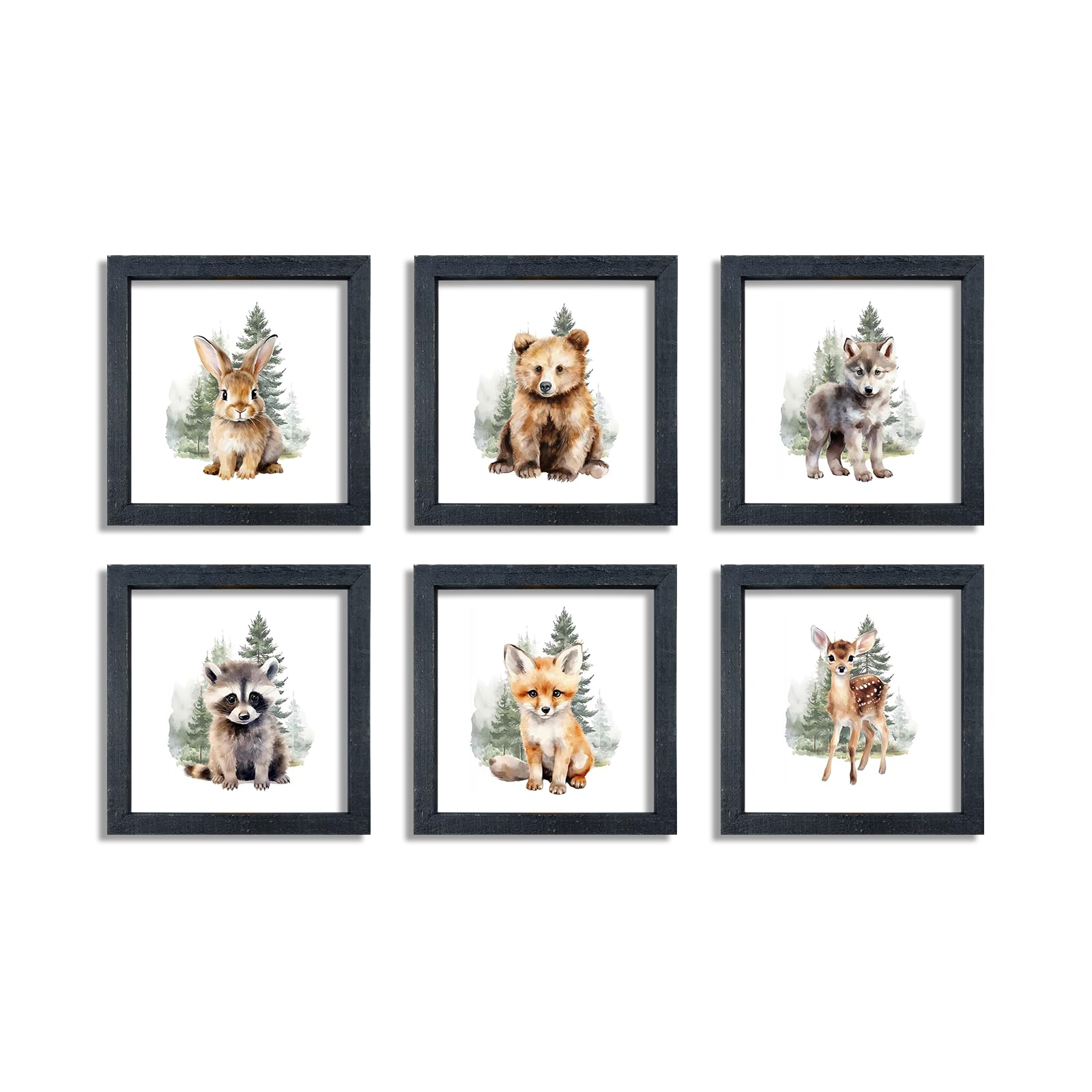 Woodland Animal Nursery Wall Art Decor 8x8 Inch Set of 6 Safari Bear Deer Fox Raccoon Rabbit Wolf Children's Jungle Boys Girls Room Wood Framed Forest Animal Wall Hanging (Black)