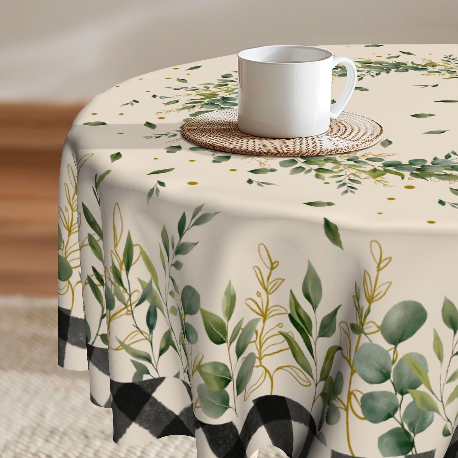 Imiss Eucalyptus Leaf Round Tablecloth Spring Botanical Green Leaf Reusable Circle Table Cover 60 Inch Buffalo Plaid Farmhouse Tabletop for Seasonal Party Picnic Dinner Decor