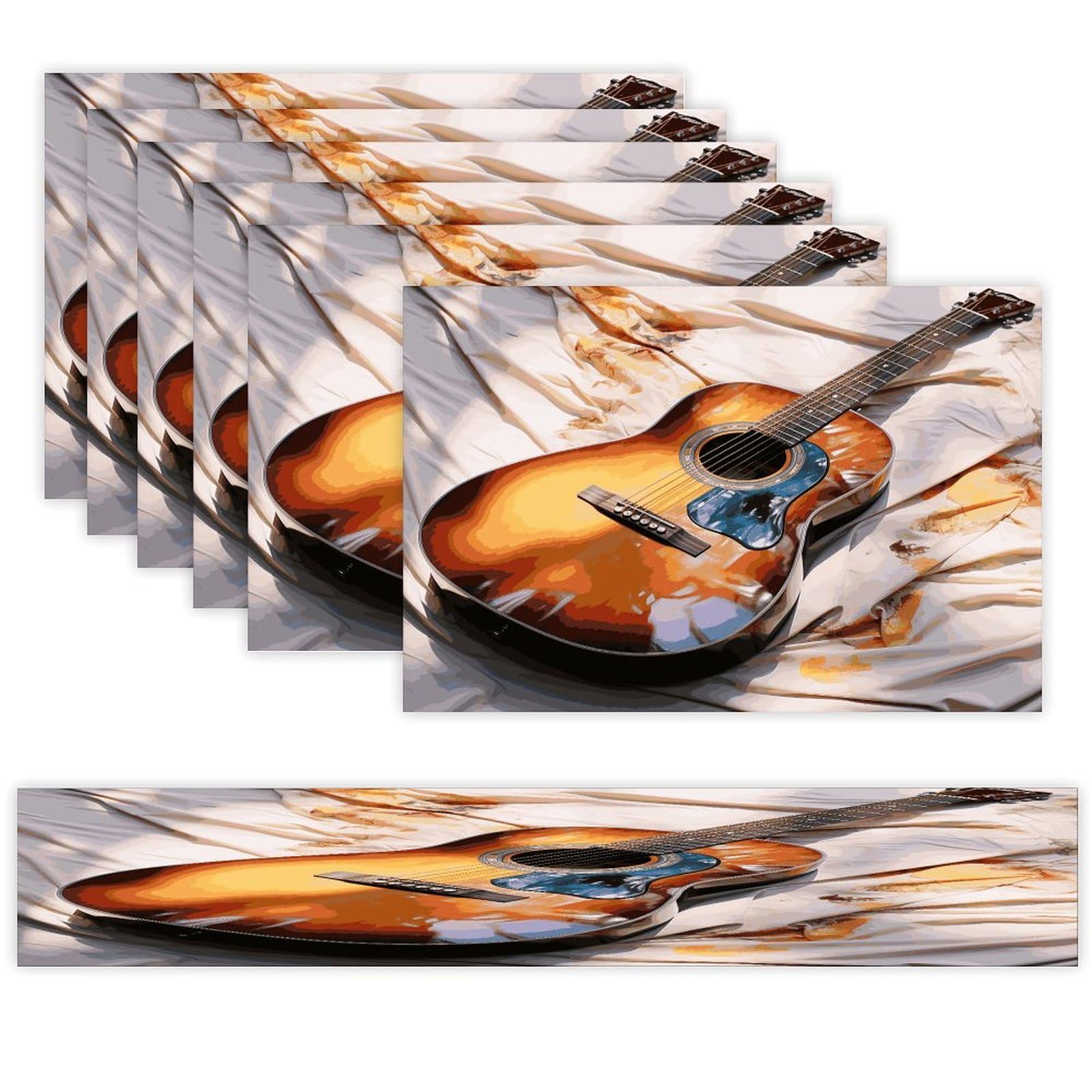 Watercolor Acoustic Guitar Table Runner and Placemats Set of 6 Wipe Clean Heat Resistant Table Mat with Table Runner Decorations Flax Linen Place Mat Set for Home Kitchen Party Supplies