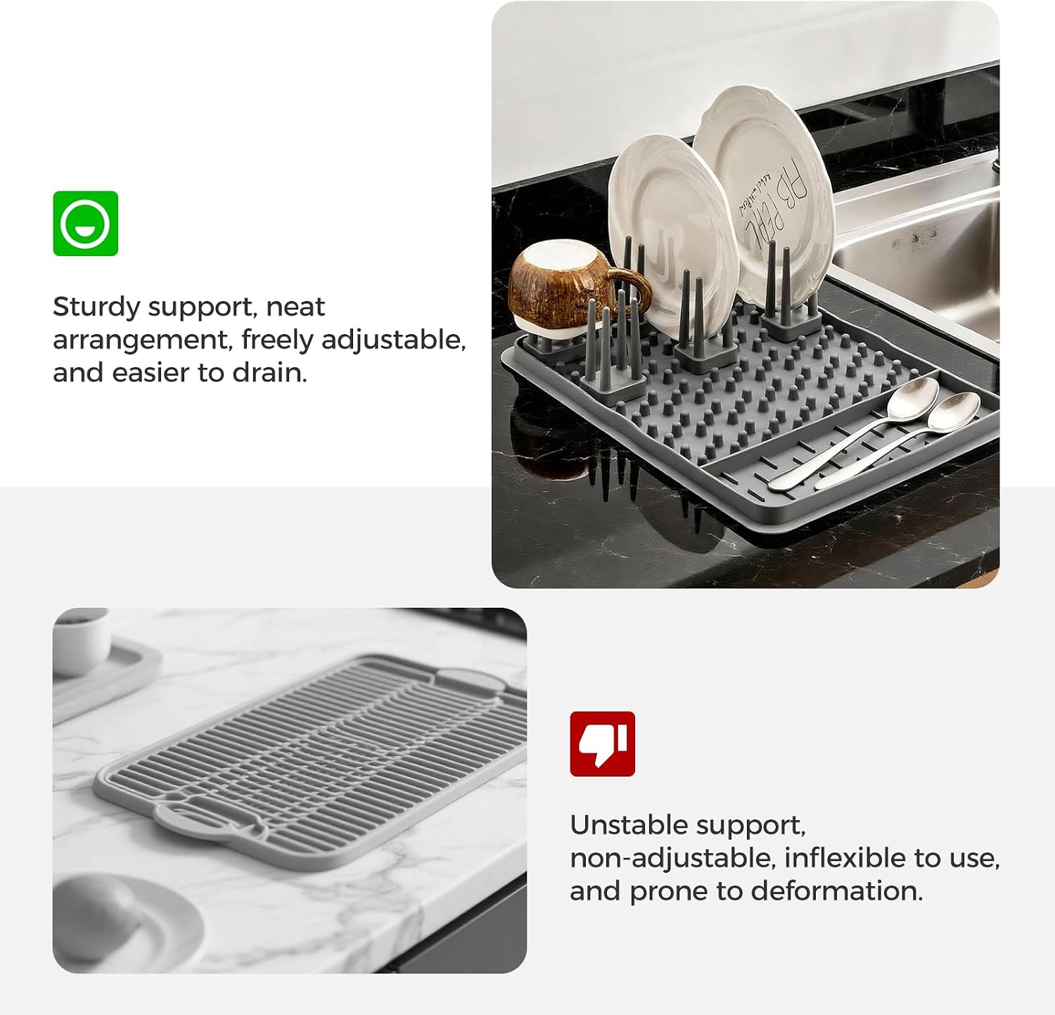 15.75"x11.18" Silicone Dish Drying Mat for Kitchen Counter, Quick Dry Dish Mat with Dish Rack and Dual-Sided Independent Zones, Multiple Usage Kitchen Drying Mat with Hanging Hook for Home