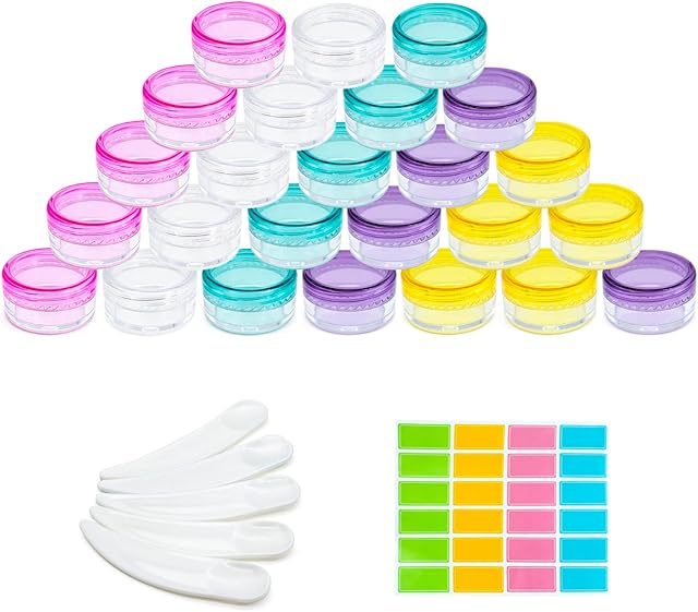 25PC Clear Cosmetic Sample Containers, TACYKIBD 5 Gram Small Plastic Containers with Lids, Mini Travel Sample Jar Pots Cosmetic Jars for Creams Make-up Storage Glitter Nail Art Storage Tools(5 Color)