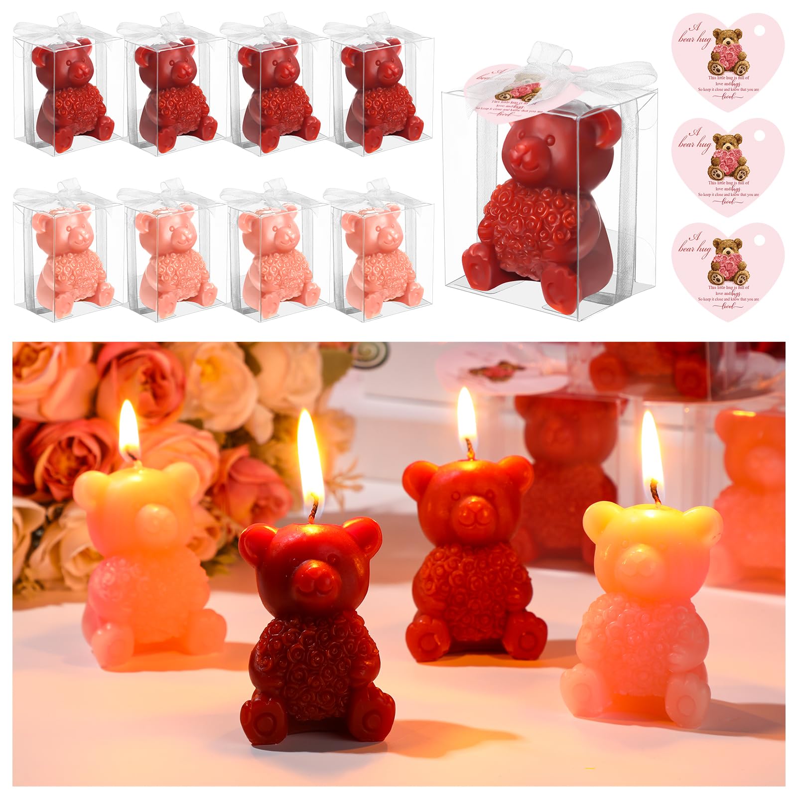 50 velas de oso para el día de San Valentín, velas de oso de rosas a granel en caja, bonitas velas de oso con tarjetas de bendición para propuesta del día de San Valentín, cumpleaños,