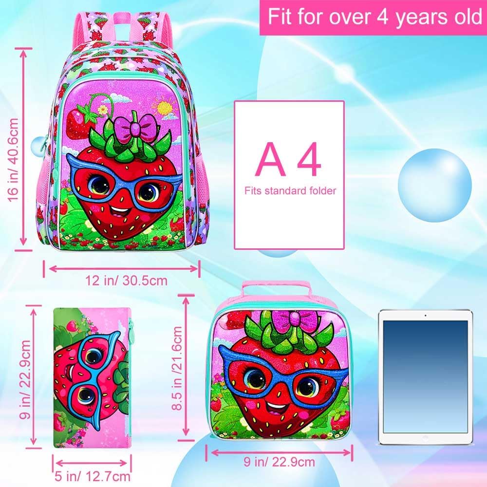 KLFVB 3PCS Strawberry Backpack for Girls, Water Resistant Kids Bookbag with Lunch Box, 16" Preschool Backpacks for Elementary - Strawberry Pink - Image 4