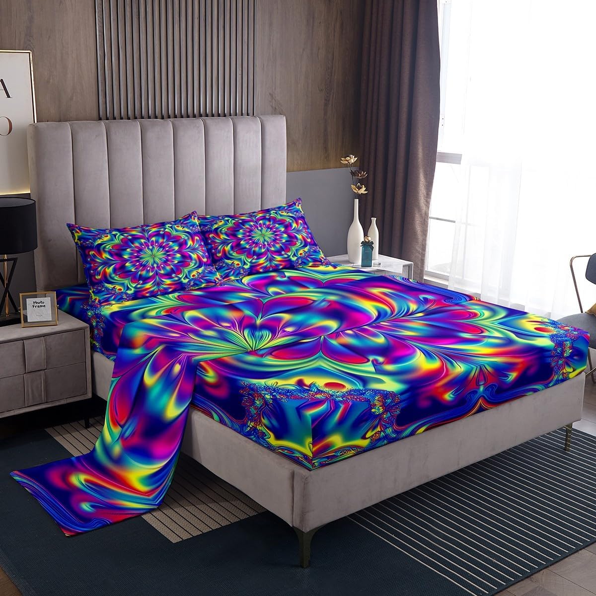Erosebridal Psychedelic Bed Sheets Teal Blue Purple Fitted Sheet for Kids Child Boys Girls,Gradient Exotic Sheet Set Multicolor Abstract Bed Cover Queen,Artsy Hippie Room Decor
