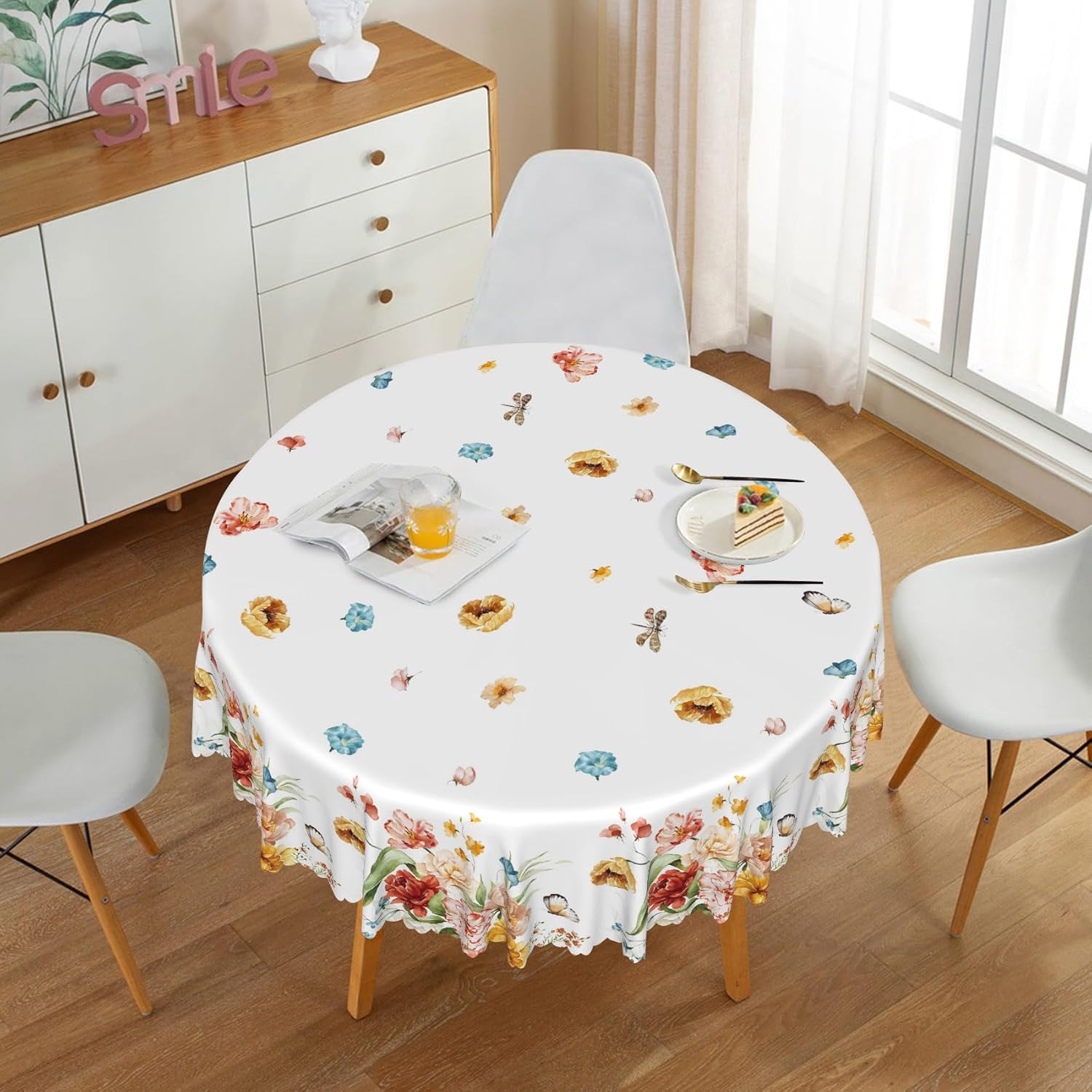 Colorful Floral Round Tablecloth 60 Inch Spring Peony Glory Butterfly Dragonfly Print Table Cloth Polyester Waterproof Reusable Flower Table Cover for Garden Party Kitchen Picnic Patio Decor