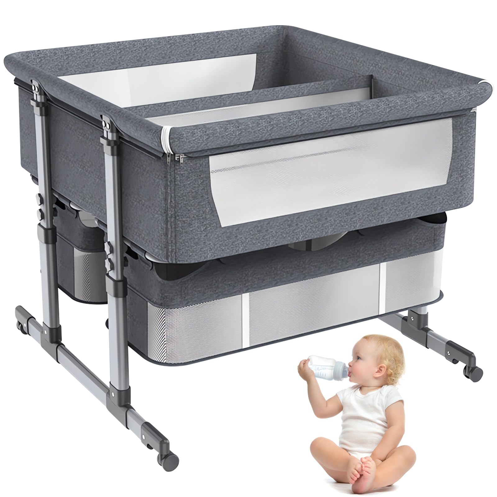Lettino Comodino,Lettino per Neonati Gemelli Contiene Materasso,Co-sleeping per Bambini Pieghevole con Cesto Portaoggetti,Divisorio Rimovibile,in 6 Altezze per Neonati da 1 a 36 Mesi (Grigio)