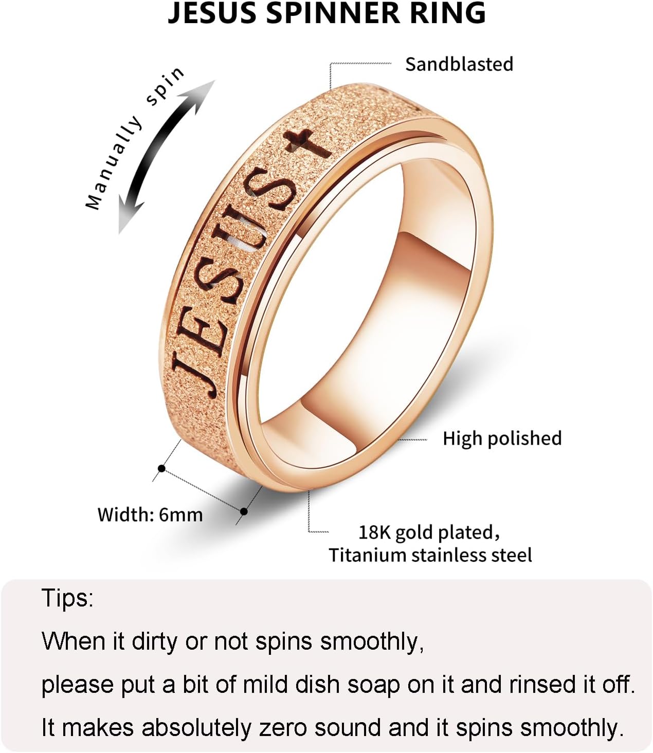 OreilleStar Fidget Spinner Anxiety Ring for Women: Fidget Toys Adults Cute Jesus Cross Thumb Ring Stainless Steel Gold Silver Size 5 6 7 8 9 10 - Image 2