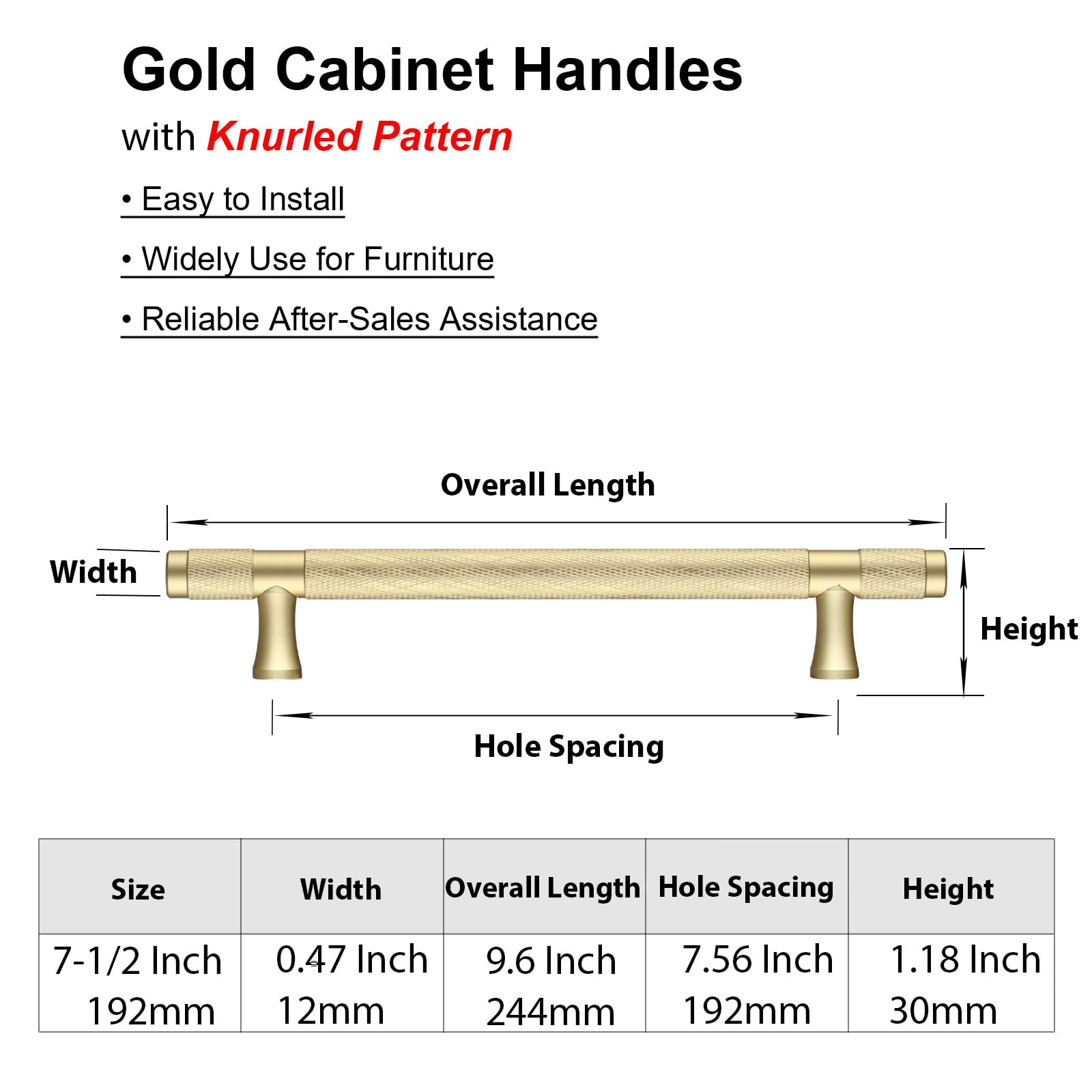 AITITAN 10 Pack Gold Kitchen Handles - Knurled, 192mm Hole Spacing (245mm Length), Cupboard, Wardrobe and Drawer Handles - Image 2