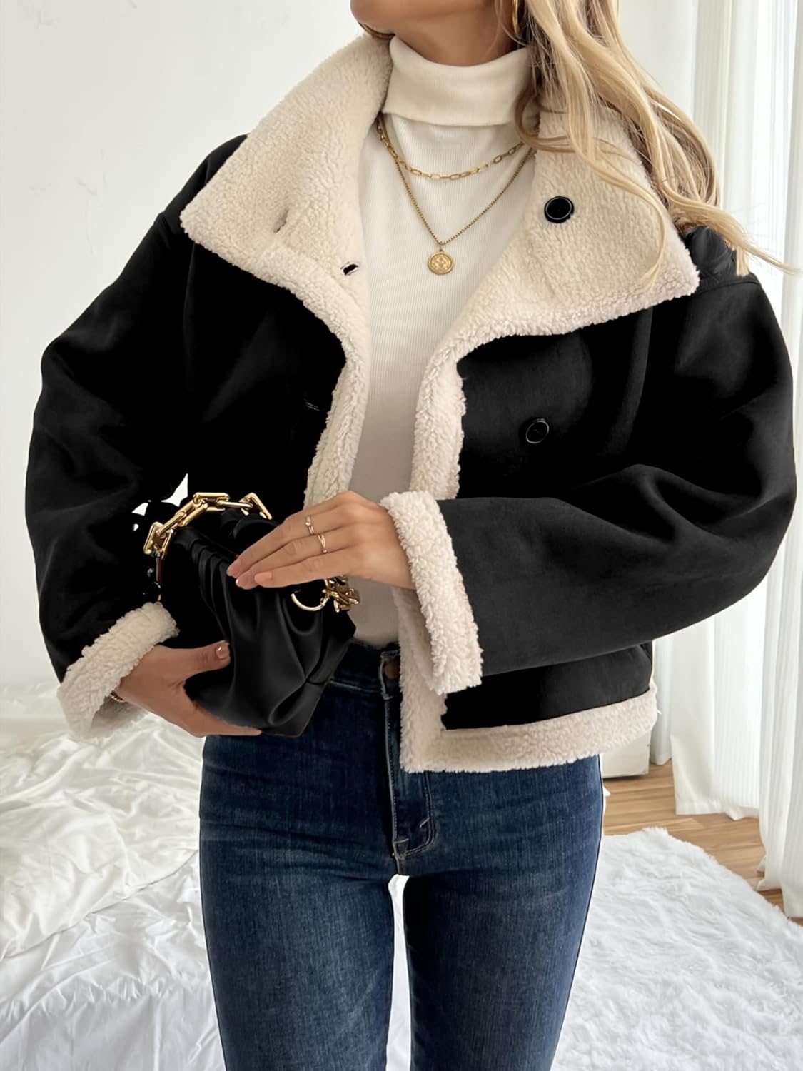 Ru Sweet Women's Reversible Faux Suede Jacket Fall Winter Sherpa Lined Fuzzy Fleece Cropped Jacket Overcoat
