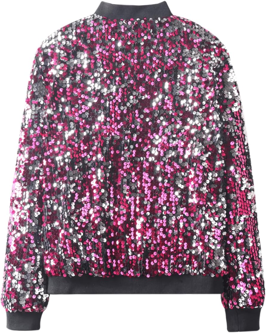 Girls' Ombre Sequin Bomber Jacket with Pockets Lightweight Sparkle Long Sleeve Zipper Gradient Jackets for Kid - Image 2