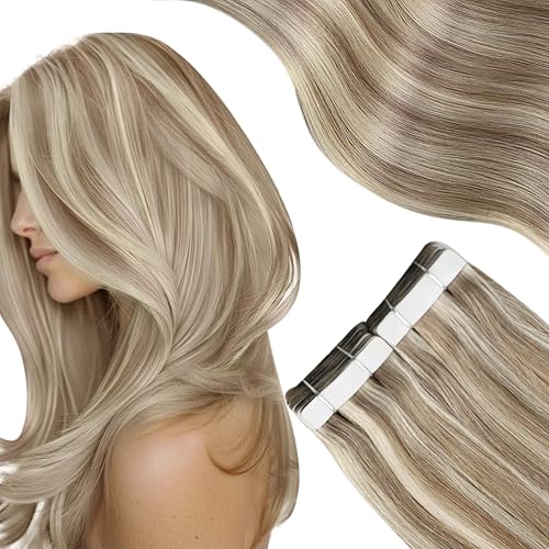 Moresoo Extensiones de cabello Remy con cinta adhesiva, extensiones de cabello rubio 100 % natural, 22 pulgadas, color liso, #613, pegamento rubio