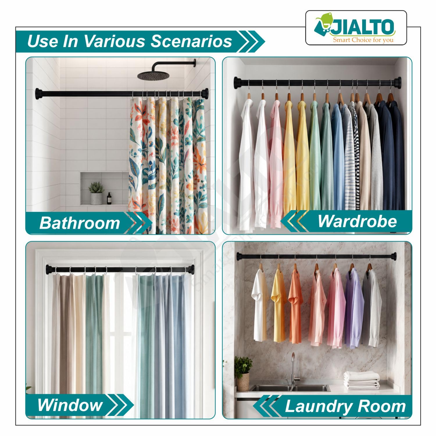 JIALTO Adjustable Bathroom Shower Curtain Rod 155 To 295 Cm Extendable Shower Tension Rod | Without Drill for Wall Anti-Skid Spring Pull Door | Telescopic Shower Curtain Stand (BLACK - 1 Pcs) — Amazon image 4