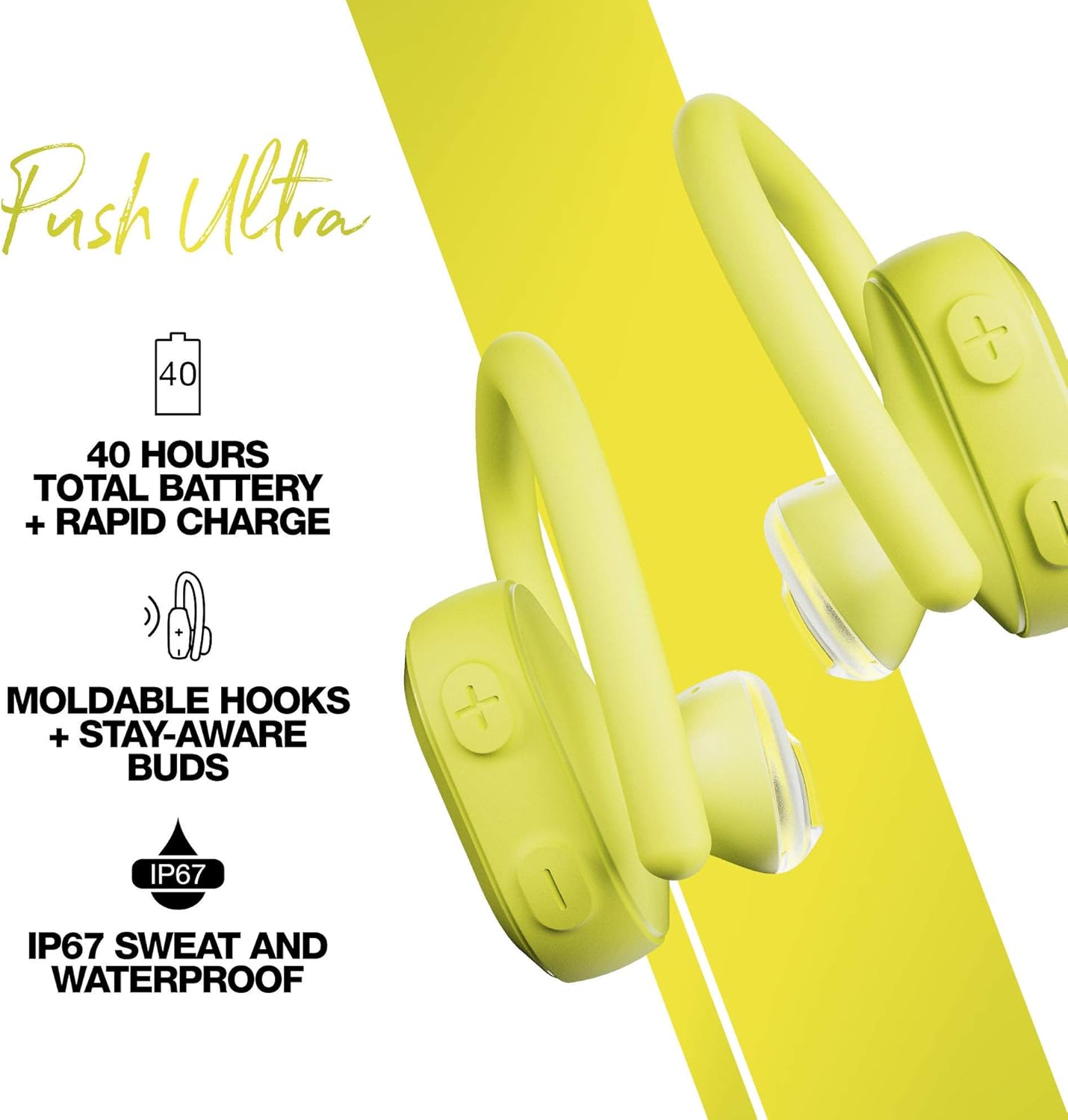 Skullcandy Push Ultra イヤホンを充電ケースに入れて開き、LED インジケーターを表示しています。