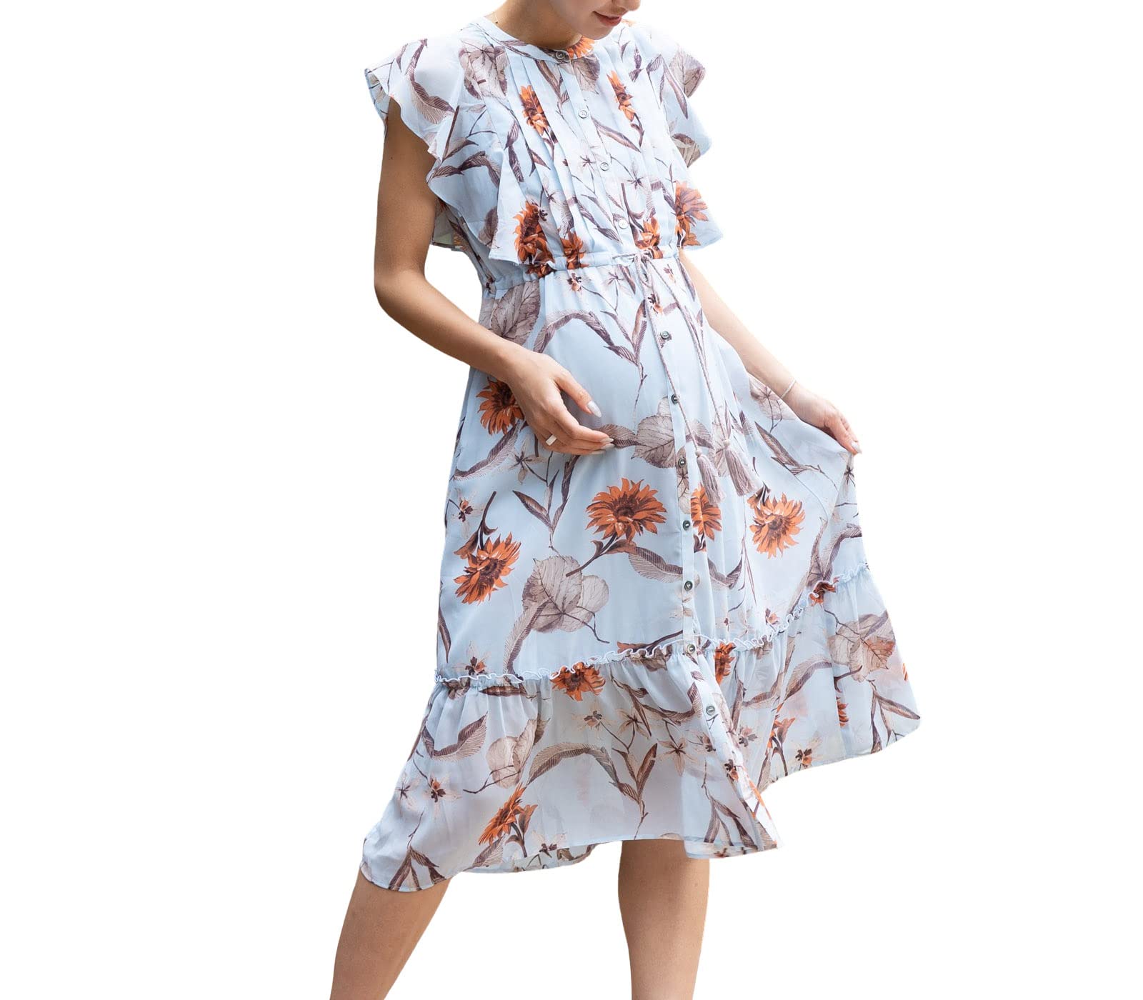 [スウィートマミー] Sweet Mommy マタニティ ワンピース 授乳服 ティアード ワンピース 授乳 ワンピ 花柄 ウエストマーク リボン  ポケットつき 臨月対応 お呼ばれ お宮参り [ライトブルー/M]