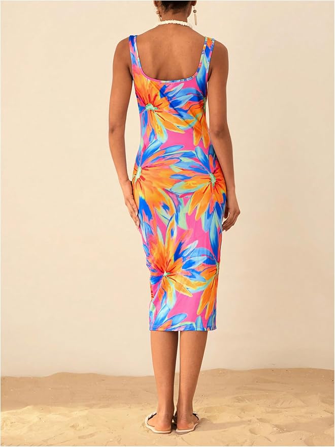 Floerns Women's Plus Size Floral Maxi Dress - Square Neck Tank, Bodycon Fit, Casual Summer Dress - View #9