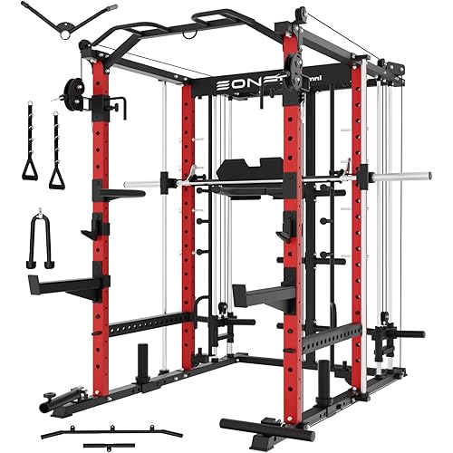 Eonfit E5 Smith Machine with Vertical Leg Press, Power Cage Squat Rack with LAT-Pull Down Cable Crossover Rotating Arms System Home Gym Equipment All in One