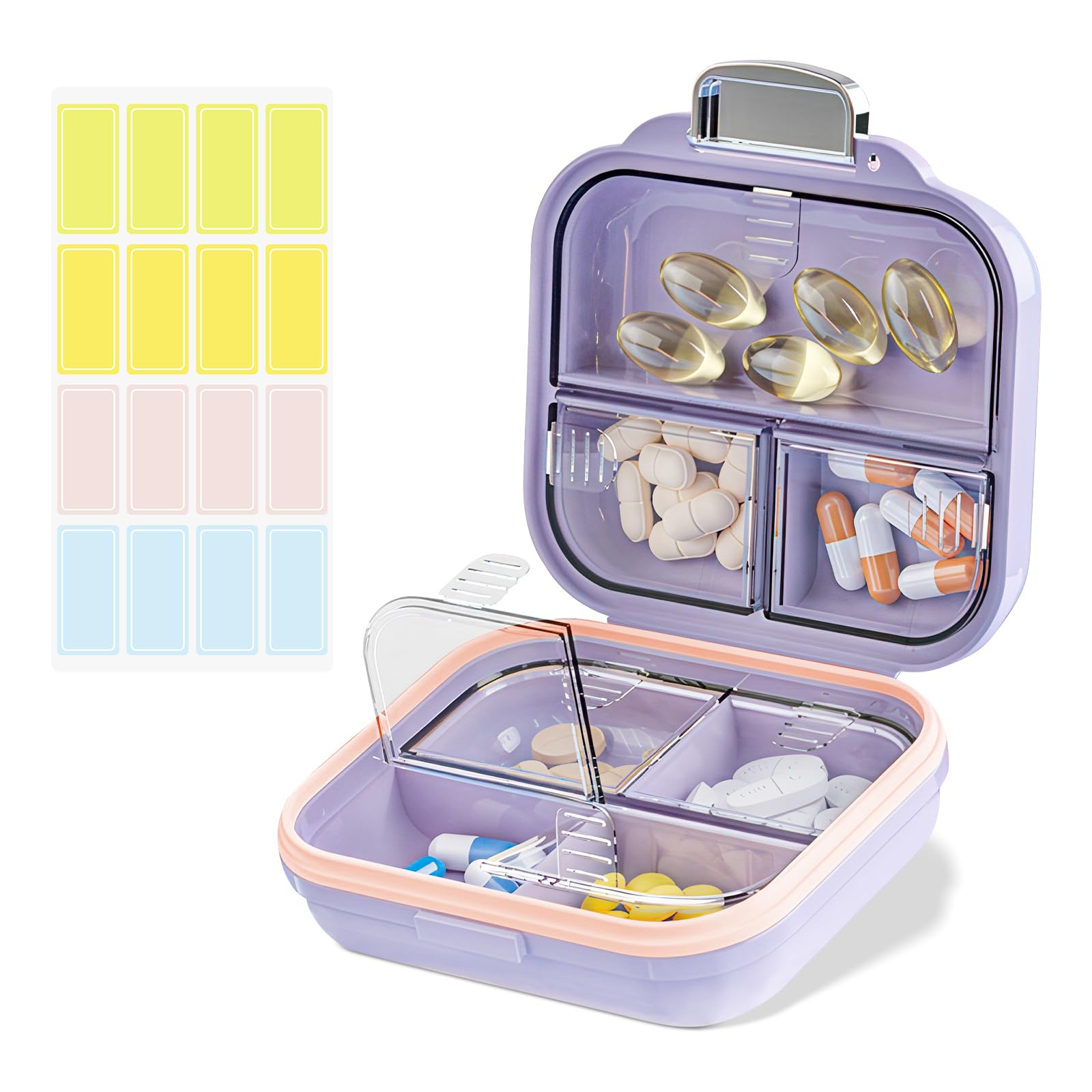 Travel Pill Organizer Box with Labels 7 Compartments Portable Mini Pill Case Daily Medication Organizer Storage Pill Container