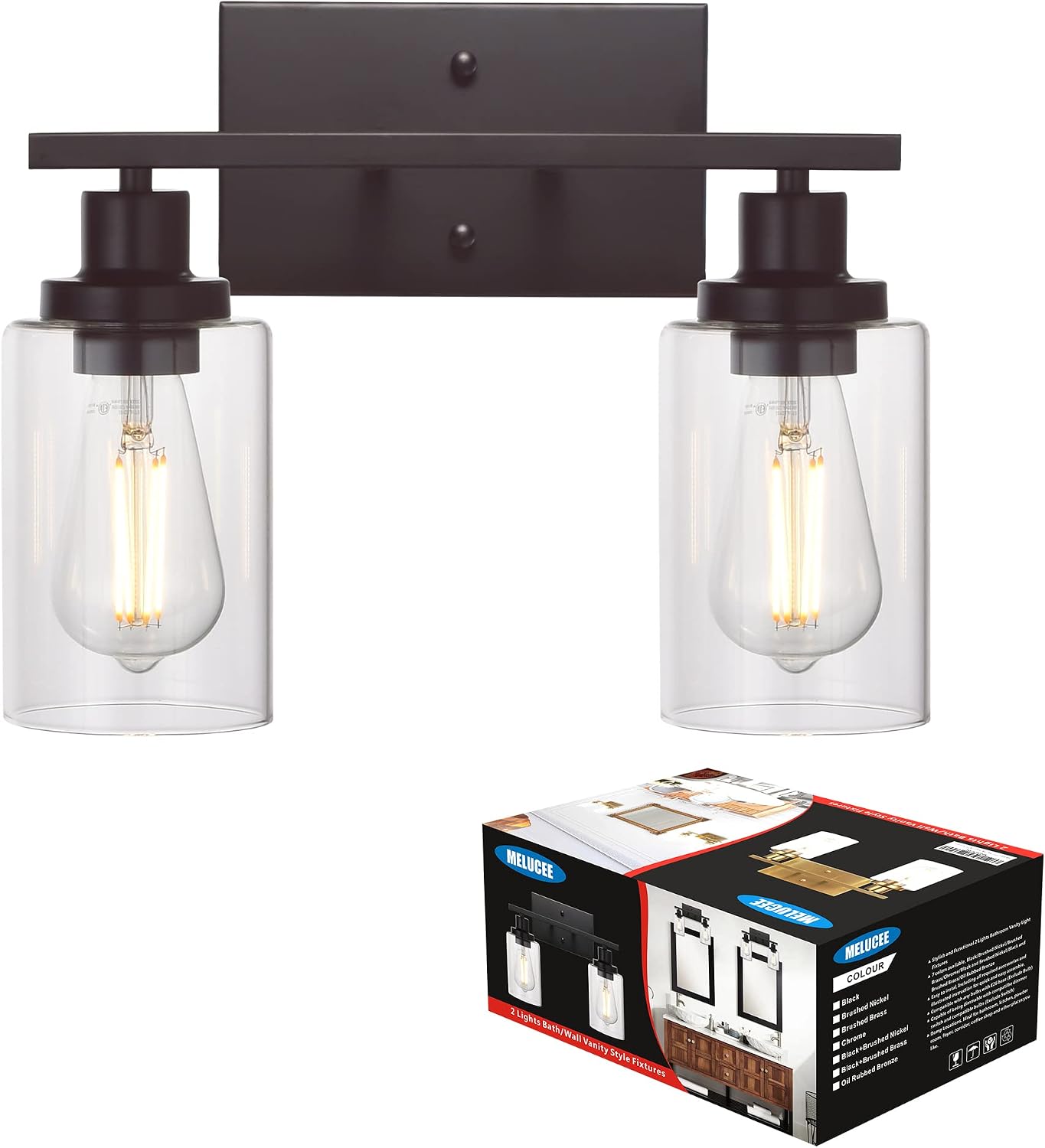 MELUCEE 2-Light Industrial Bathroom Lighting Oil Rubbed Bronze with Clear Glass Shade, Porch Light Fixtures Wall Mount Sconces for Bedroom Living Room Kitchen