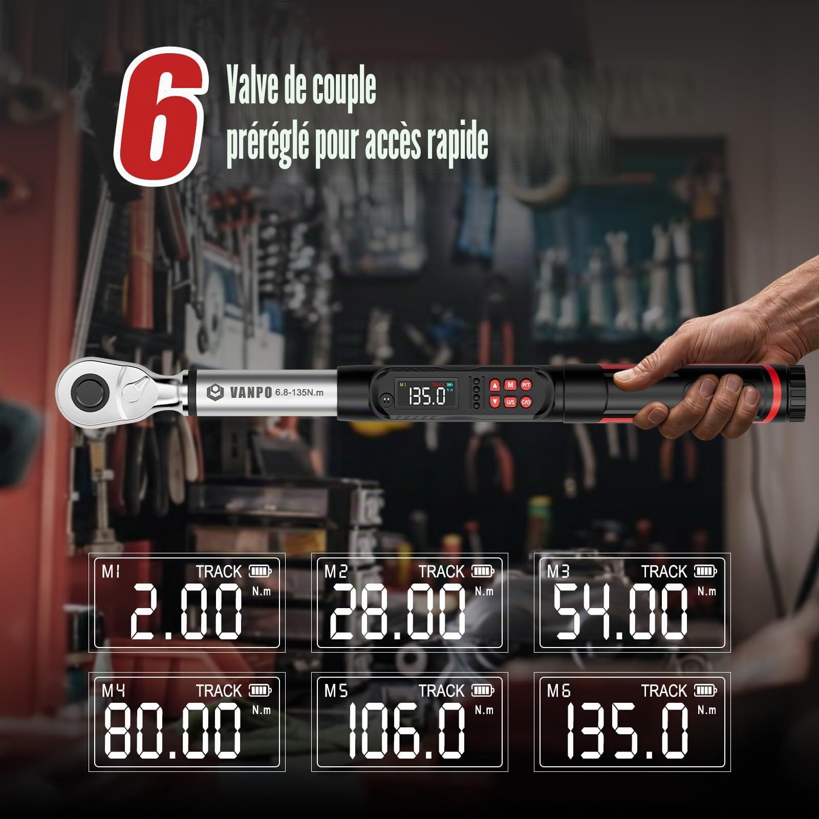 VANPO Clé Dynamométrique Numérique 3/8" 6.8-135NM pour Vélos, Moto