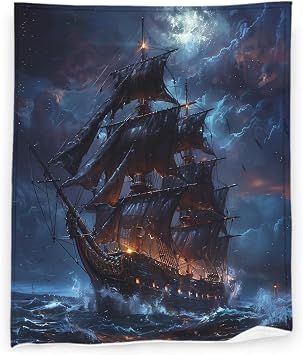 Nautical 60" x 80" Ocean Night Pirate Ship Adventure Sailboat Super Soft Bedding Fleece Throw Blanket Luxury Bed Blanket Sofa Living Room Bedroom Warm Lightweight for Men and Women