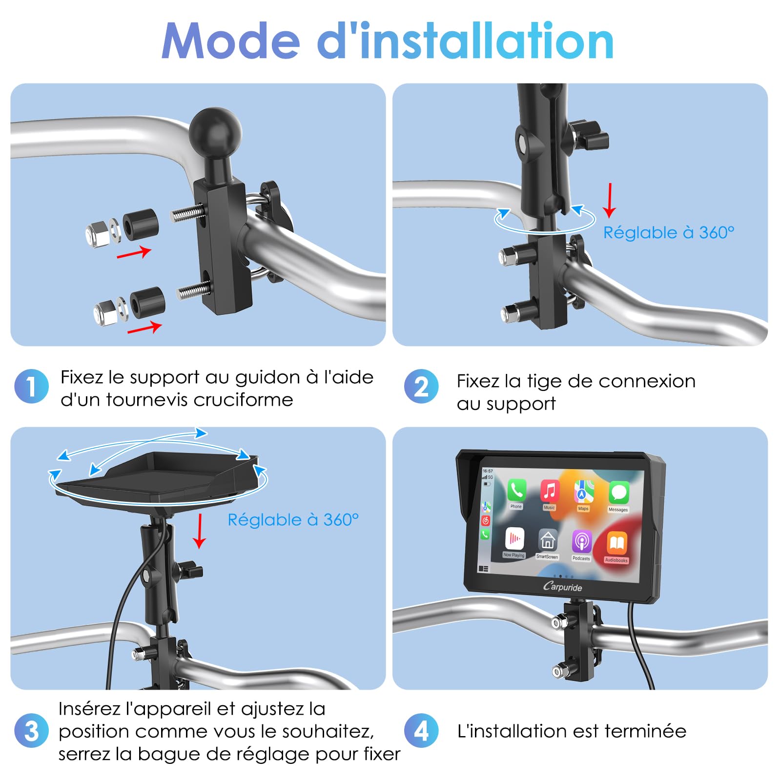Carpuride W702 Écran GPS Carplay pour Moto, CarPlay sans Fil & Android Auto, Écran Tactile Étanche 7", Double Bluetooth, Navigation, Siri, Béquille Moto réglable en Forme de U
