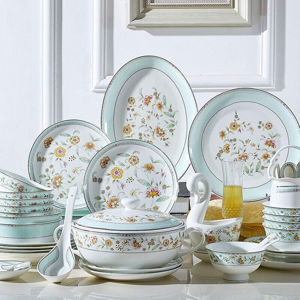 Set di stoviglie in Ceramica con 48 Pezzi, Ciotola/Piatto/Cucchiaio|Set da tavola, Set Combinato in Porcellana in Stile, Blu