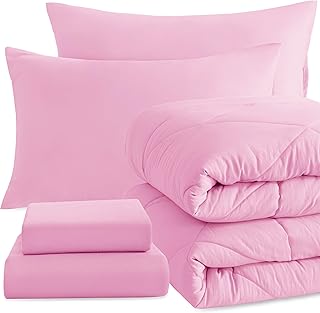 NTBAY Twin Comforter Set with Sheets, 5 Pieces Soft and Breathable Twin Bedding Set, Twin Bed in a Bag, Down Alternative Comforter Set Solid Color All Season, Kids Bedding Set, Pink