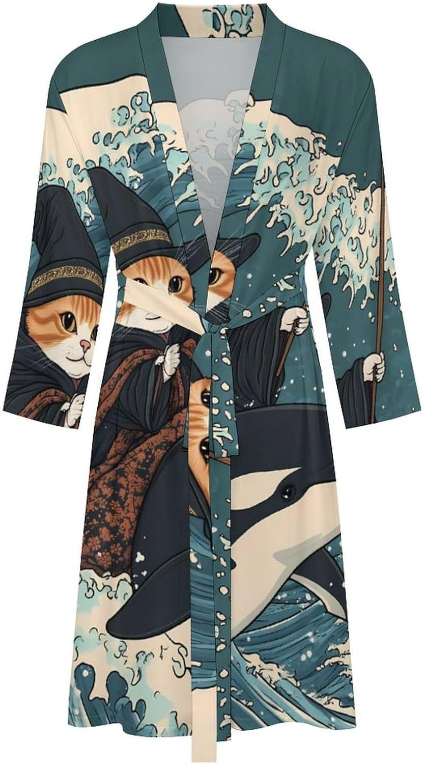 Cat Whale Japanese Ocean Wave Men's Robe Soft Bathrobe V Neck Loungewear Sleepwear Nightgown Dressing Gown