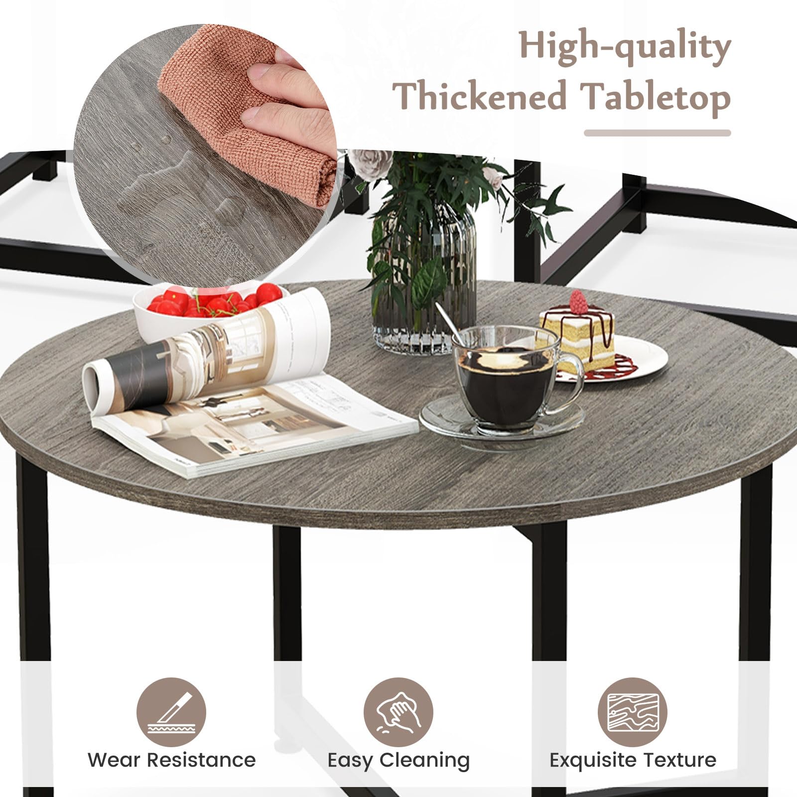 LIFEZEAL Set di 3 Tavolini da Salotto, Tavolini da Caffè, Tavolino Rotondo, 2 Tavolini Quadrati, Tavolini Bassi Laterali, Lato Divano, Separati, Uniti, Legno+Metallo, Moderno, per Soggiorno, Grigio