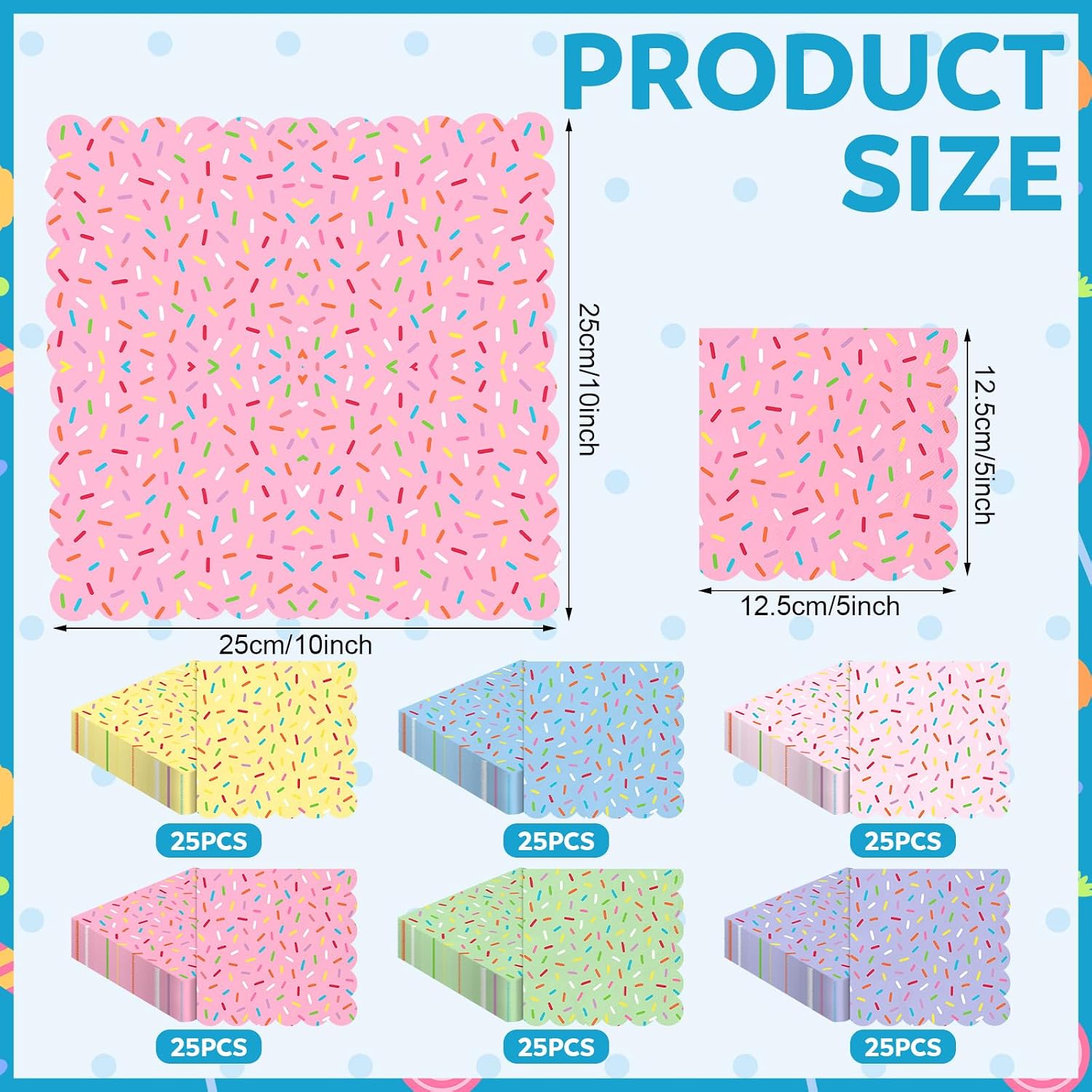 Crtiin 150 Pcs Colorful Donut Sprinkle Napkins 2 Ply Disposable Cocktail Napkins Paper Sprinkle Party Decorations for Baby Shower Birthday Ice Cream Party Supplies (Scalloped)