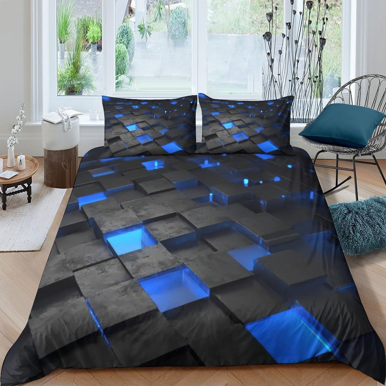 Ctjqhvkz Style-5 3D Printed Blue Geometric Fitted Sheet Microfiber Modern Cube Pattern Mattress Cover For Bedroom Dorm Decor Single（135X200cm）