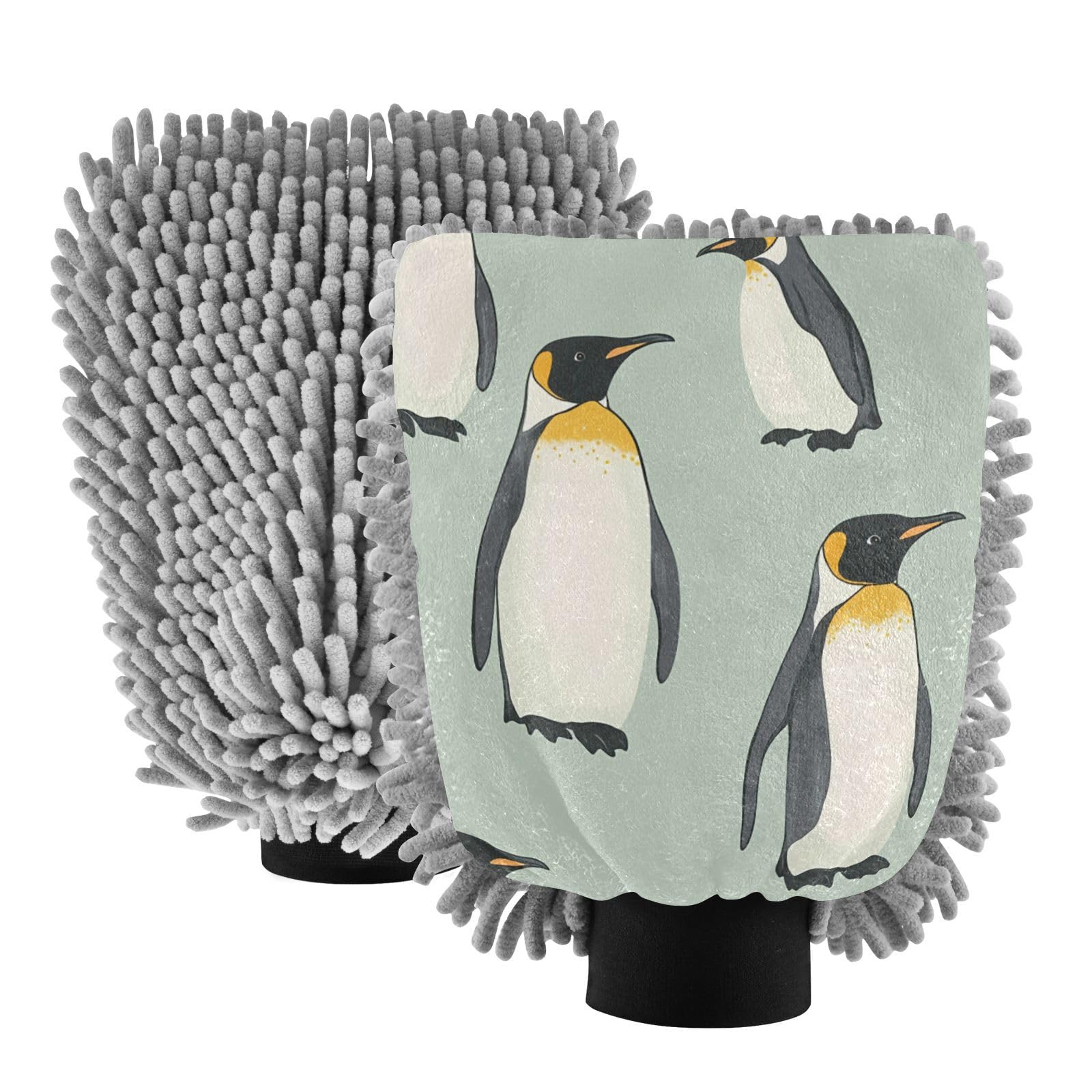 STAYTOP Cartoon Penguin Car Wash Mitt Microfiber, 2Pcs Scratch Free Lint-Free, Premium Chenille Microfiber Mitt Car Wash Brush-M