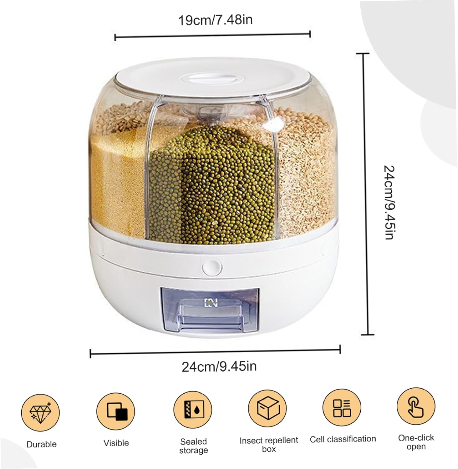 Rice Dispenser Large Capacity Grain Storage Container 6 Grids 360° Rotatable Cereal Dispenser With Lid For Beans Cereal White...