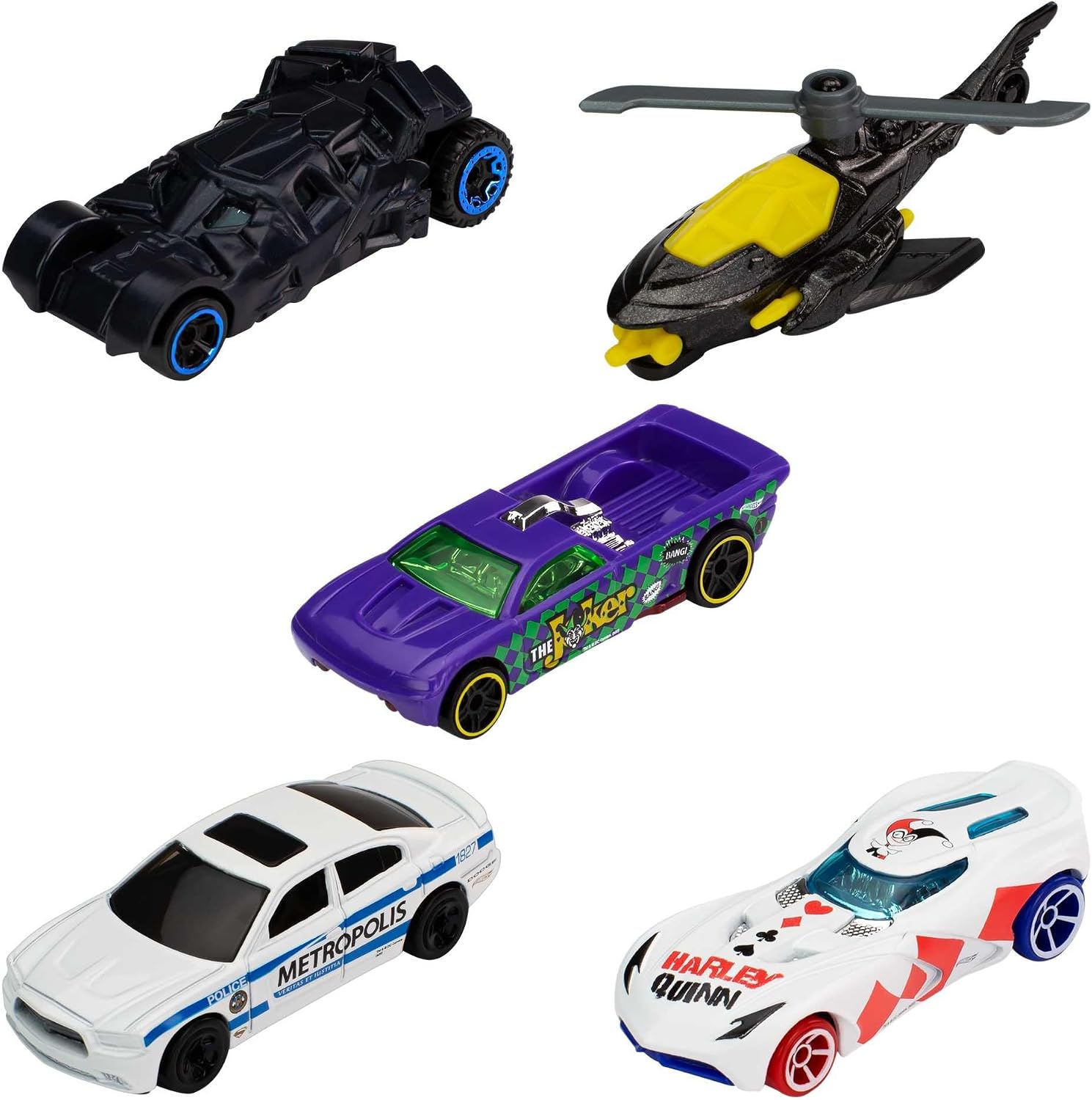 Hot Wheels Set of 5 Batman Toy Vehicles in 1:64 Scale from Batman TV Shows, Movies & Comics (Styles May Vary)