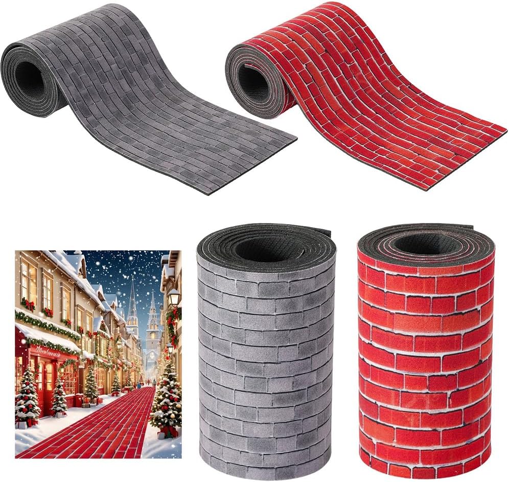 4 Pcs Christmas Village Red Brick Road, 47.2 x 4.7 Inch Miniature Street Landscape Roll, Cuttable Village Paths Road for Christmas Village Accessories-DIY Home Garden Street Decor